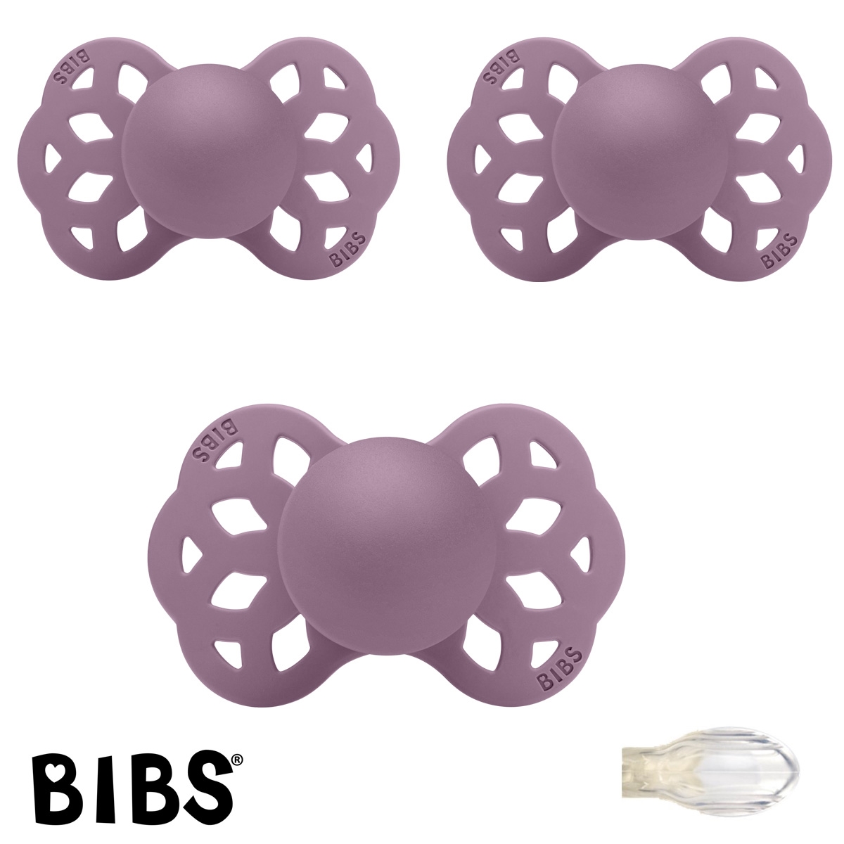BIBS Infinity Sutter med navn str2, 3 Mauve, Symmetrisk Silikone, Pakke med 3 sutter